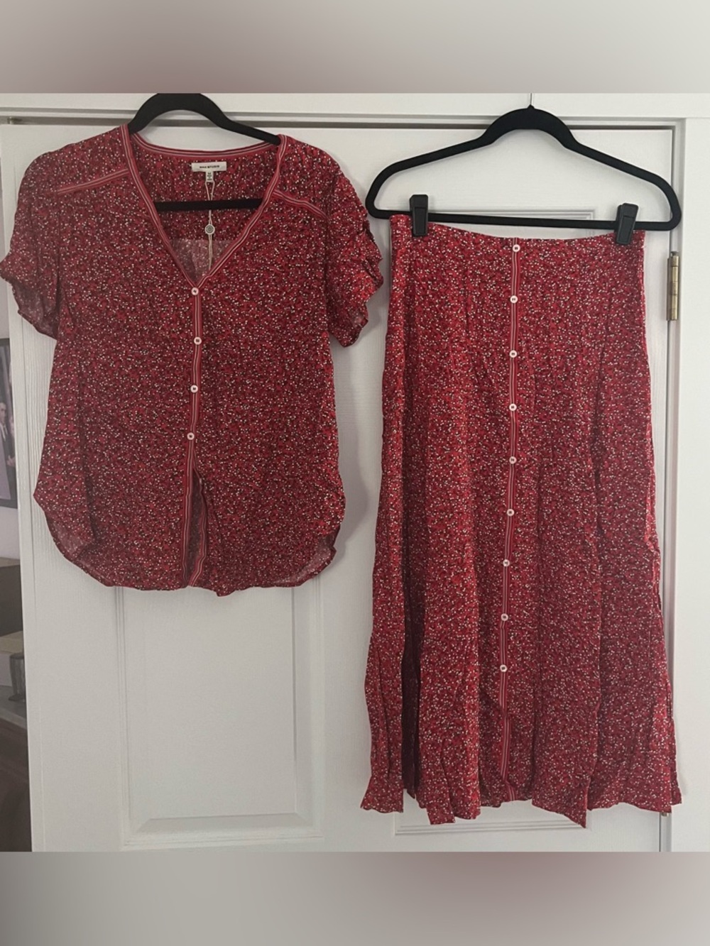 Max Studio Red Floral Button-Front Blouse and Midi Skirt
